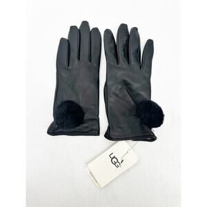 UGG Women's Leather Pom Glove in Black Size Medium NEW